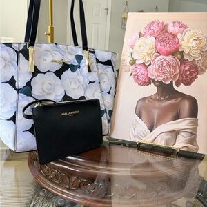 Karl Lagerfeld White Floral Tote with Black Zip Pouch